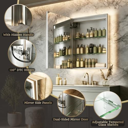 24x32 Lighted Medicine Cabinet, Separate Front & Back Lights | Surface/Recessed LED Medicine Cabinet for Bathroom with Side Mirrors, Dimmable Light, Anti-Fog, Memory,Silver Aluminum Frame - size: 24" x 32" (Left Hinge)