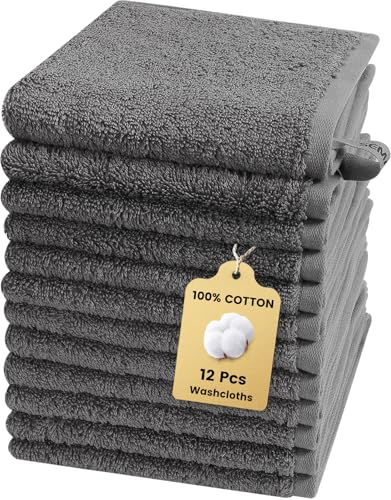 12-Pack Cotton Washcloths for Bathroom with Hanging Loops, Gray | Soft washcloths for face cleansing, shower use, guest bathrooms, and daily wash-day rotation, OEKO-TEX certified, easy care - color: A02: Grey