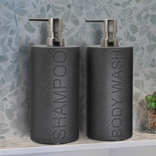 Resin 2 Pack Shampoo, Conditioner or Body Wash Dispenser Set, Luxurious Refillable Pump Bottles with Matte Pump Top and Embossed Text, Durable Design for Bathroom and Shower - color: Gray Shampoo & Body Wash