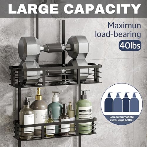 Shower Caddy Hanging, Never Rust Aluminum Shower Organizer, Over Showerhead No Drilling Shower Racks, with Soap Holder Multi Hooks Bathroom Storage for Shampoo Sponge, Black - color: Black