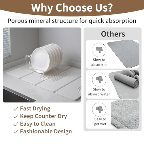 Foldable Stone Dish Drying Mat for Kitchen Counter, Diatomaceous Earth Drying Mat with Non-Slip Backing, Heat Resistant Multifunctional Mat for Kitchen & Bathroom, Instant water absorption-(24"×16") - color: White
