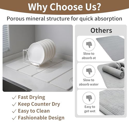 Foldable Stone Dish Drying Mat for Kitchen Counter, Diatomaceous Earth Drying Mat with Non-Slip Backing, Heat Resistant Multifunctional Mat for Kitchen & Bathroom, Instant water absorption-(24"×16") - color: White