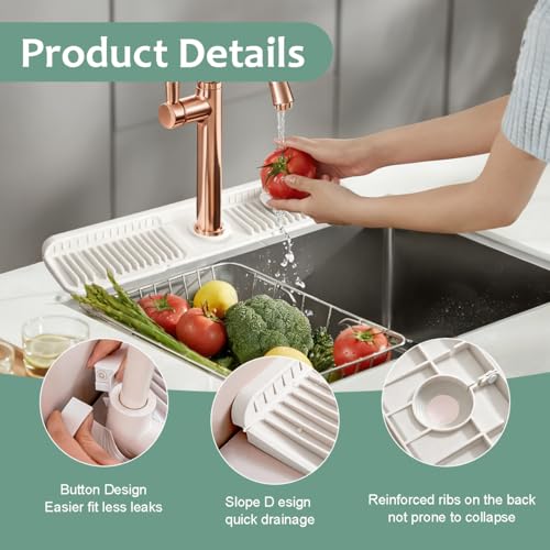 24 Inch Upgraded Draining Mat Folding faucet Mat for Bathroom Sink Splash Guard 7° Slope with Button Lock Water Draining Pad for Kitchen Bathroom Bar(Beige) - color: Beige