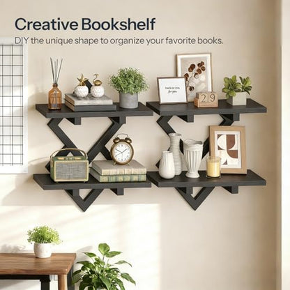 HOOBRO 15" Floating Shelves for Wall, Set of 2 Wall Shelf, 2-Tier Hanging Shelves, Wall Mounted Storage Shelf, Display Rack, for Living Room Bedroom Kitchen Bathroom, Black BB14BJP201 - color: Black