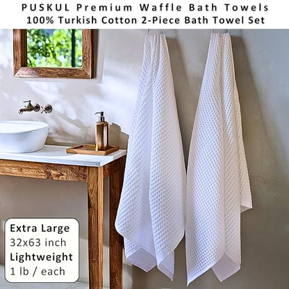 PÜSKÜL 2-Piece Natural 100% Turkish Cotton Waffle Bath Towels Extra-Large | White, 32x63" Bath Sheet Towel, Light Soft Absorbent Quick-Dry Lint-Free Premium Honeycomb Weave Oeko-Tex Made in Turkiye - color: White, size: Bath Towels - Pack of 2