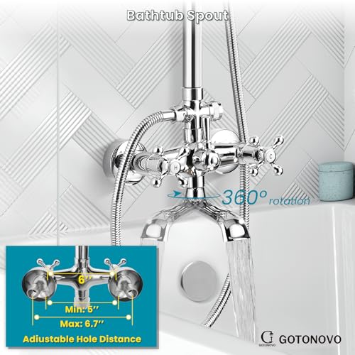 gotonovo Exposed Shower Tub Faucet Set 3 Function Wall Mount,Polish Chrome | Shower System Fixtures with Tub Spout,8” Rain Head and Handheld,360°Rotation,Adjustable Height,for 5-6.7" Hole,Outdoor/Indoor - color: Chrome