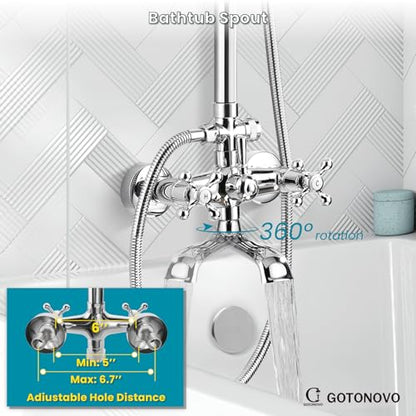 gotonovo Exposed Shower Tub Faucet Set 3 Function Wall Mount,Polish Chrome | Shower System Fixtures with Tub Spout,8” Rain Head and Handheld,360°Rotation,Adjustable Height,for 5-6.7" Hole,Outdoor/Indoor - color: Chrome