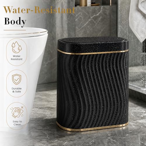 Ogikey Bathroom Small Trash Can with Automatic Touchless Lid, 2.6 Gallon Smart Garbage Can Narrow Waterproof Trash Bin for Bedroom, Office, Living Room - color: 2.6 gallon-Gold Black