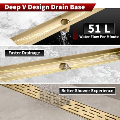 Sharp-tec Linear Shower Drain, 32 inch Shower Drain with Removable Pattern Cover, Brushed Gold 304 Stainless Steel Rectangle Floor Drain, Adjustable Feet and Hair Strainer Included (Model 101) - color: Gold, size: 32 inch