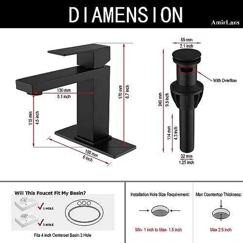 Black Faucet Bathroom, Matte Black Bathroom Faucet Single Hole | Stainless Steel Single Handle 1 Hole Bathroom Sink Faucets with Pop Up Drain, AML-1141-BK - color: Matte Black, size: Short