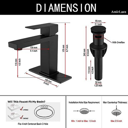 Black Faucet Bathroom, Matte Black Bathroom Faucet Single Hole | Stainless Steel Single Handle 1 Hole Bathroom Sink Faucets with Pop Up Drain, AML-1141-BK - color: Matte Black, size: Short