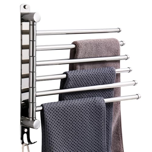 Swivel Towel Rack, 14" Thicken 304 Stainless Steel 6-Arm Adjustable Towel Bar,Wall Mounted Towel Holder with Hook, Space Saving for Kitchen, Bathroom, Outdoor (Silver, 6 Arms) - color: Silver, size: 6-arms