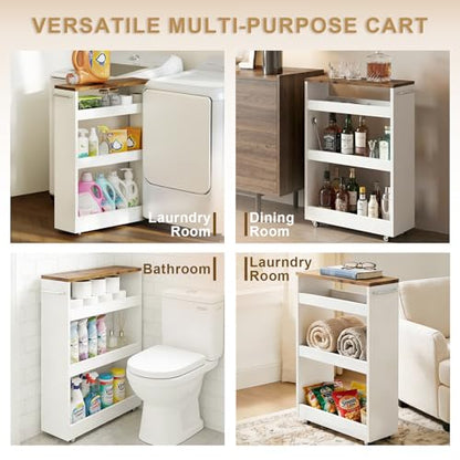 TEAMIX Wood 4-Tier Slim Rolling Storage Cart, 7.9"W, 24.8"D, 36.7"H, White | Height Adjustable, 360°Swivel Wheels, Deeper & Taller, Use as Narrow Kitchen Cart, Laundry Organizer Between Washer & Dryer - color: White