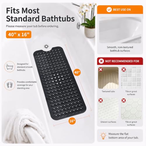 Yimobra Non Slip Bathtub Mat 40 x 16 Inch, Extra Long Shower Mat with Drain Holes, Machine Washable Baby Bath Mats, Strong Suction Cups for Bathroom Floor, Black - color: Black