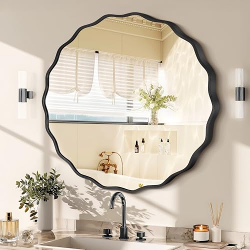 Gold Round Mirror for Wall, 24"x24" Decorative Wavy Bathroom Mirror with Brushed Alloy Steel Frame & Shatter-Proof Glass, Hanging Circle Wall Mirrors for Bathroom, Entryway (Black, Small) - color: Black, size: Small