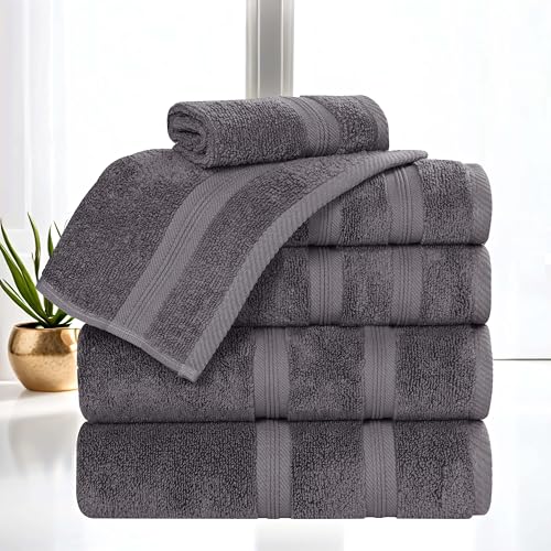 Superior 6-Piece Cotton Towel Set, Soft Plush Essential Towels, Bathroom Decor, Shower, Gym, Spa, Salon, Resort, Airbnb, Includes 2 Hand, 2 Face, and 2 Bath Towels, Smart Dry Collection, Grey