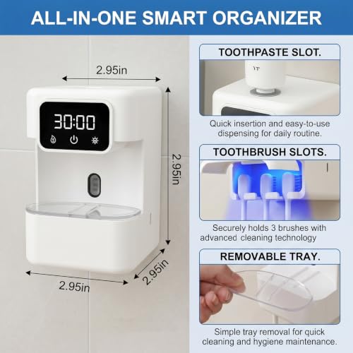 Wall-Mounted Automatic Toothpaste Dispenser, Toothbrush Cleaner with Sensor-Activated Design, Toothbrush Holder with Removable Slots & Smart Display, Toothpaste Dispenser for Kids & Adult (White2.0) - color: White2.0