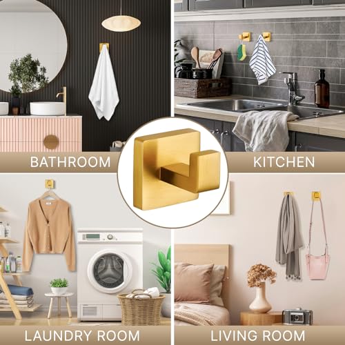 Towel Hooks for Bathrooms Robe Hook Coat Hook 4 Pack Brushed Gold Stainless Steel Heavy Duty 33 Lbs Wall Mounted Square Hooks for Bathroom Kitchen Bedroom - color: Brushed Gold