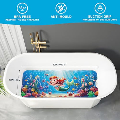 Baby Bath Mat for Tub Non Slip Kids Bath Mat - 40''x16'' Extra Long Cartoon Turtle Baby Bath Tub Mat Eco-Friendly Toddler Bath Mats with Suction Cups & Drain Holes, Easy to Clean & Easy Drying - color: Mermaid