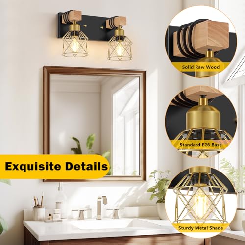 FadimiKoo Rustic Style Wood Bathroom Wall Sconces, 2-Light Black Gold Bathroom Vanity Light Fixtures with Metal Shade, Light Fixtures Wall Mount for Living Room, Hallway, Dressing Table - color: Black & Gold, size: 2-Lights