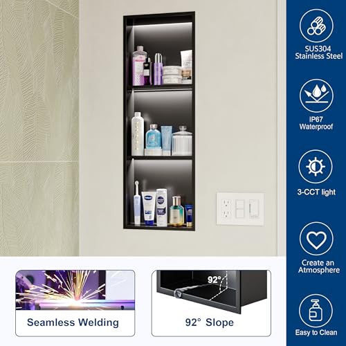 Matte Black 3-Tier 3CCT LED Niche, 12"x36" No-Tile Shower Storage | shower niche with 3-Temperature LED Strip Light (4000K/6000K/3000K),Waterproof, Sturdy&Durable,304 Stainless Steel Wall Niche - color: Matte Black, size: 12X36In