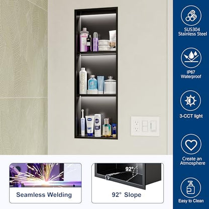 Matte Black 3-Tier 3CCT LED Niche, 12"x36" No-Tile Shower Storage | shower niche with 3-Temperature LED Strip Light (4000K/6000K/3000K),Waterproof, Sturdy&Durable,304 Stainless Steel Wall Niche - color: Matte Black, size: 12X36In