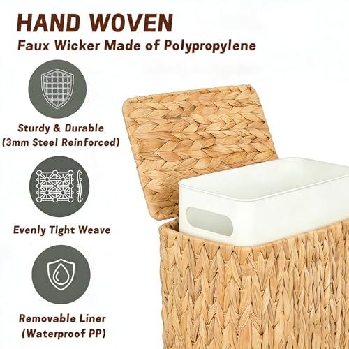 Wicker Trash Can,3 Gallon Bathroom Trash Can with Lid,Natural Water Hyacinth Wicker Waste Basket with Removable Liner, for Bedroom, Toilet, Narrow Spaces - size: Large