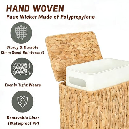 Wicker Trash Can,3 Gallon Bathroom Trash Can with Lid,Natural Water Hyacinth Wicker Waste Basket with Removable Liner, for Bedroom, Toilet, Narrow Spaces - size: Large