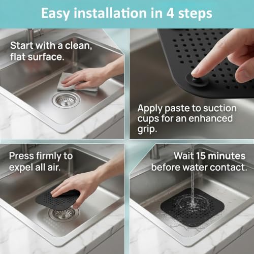 Square Silicone Drain Cover, 5.7 Inch Flat Shower Drain Hair Catcher with Suction Cups, TPR Drain Protector Stopper for Bathroom and Kitchen, Anti-Slip Floor Drain Strainer (2 Pack, Black)