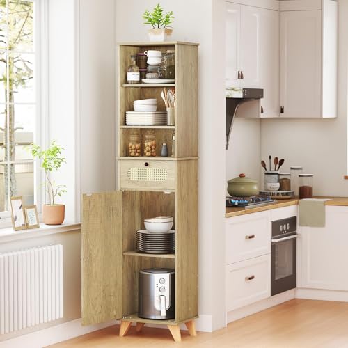 Quikraen Tall Bathroom Storage Cabinet with Rattan, Adjustable Shelves Bathroom Cabinet Storage Narrow Toilet Paper Storage Cabinet for Small Spaces,Living Room Dining Room Laundry,67.4in