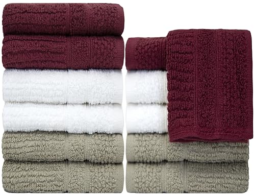 PH Pleasant Home Ribbed Wash Cloths Set - 12 Pack (12” x 12”) – 509 GSM - 100% Ring Spun Cotton Wash Cloth - Super Soft and Highly Absorbent Face Towels (Maroon, White & Tan) - color: Maroon, White & Tan, style: Ribbed