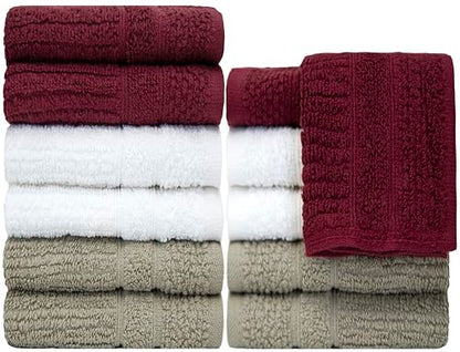 PH Pleasant Home Ribbed Wash Cloths Set - 12 Pack (12” x 12”) – 509 GSM - 100% Ring Spun Cotton Wash Cloth - Super Soft and Highly Absorbent Face Towels (Maroon, White & Tan) - color: Maroon, White & Tan, style: Ribbed
