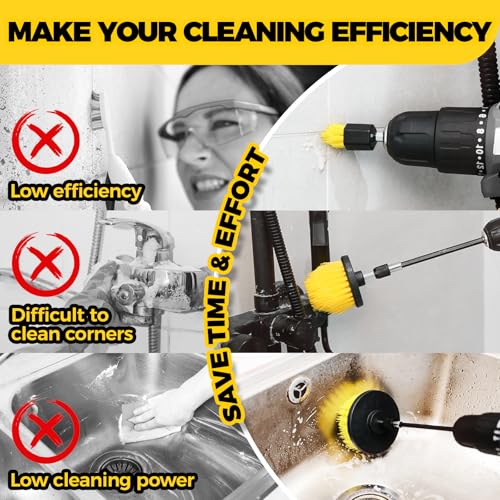 Holikme 6Pack Drill Brush Power Scrubber Cleaning Brush Extended Long Attachment Set All Purpose Drill Scrub Brushes Kit for Grout, Floor, Tub, Shower, Tile, Bathroom Black | 5 Head Sizes, Black Nylon Fibers, Power Scrubber Attachments for Tile, Tub, Show