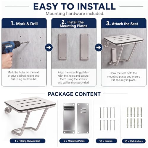 Leinuosen 18" x 15" Folding Shower Seat Bench ADA Compliant Wall Mount Phenolic White Foldable Shower Chair with Stainless Steel Support 400 Lbs Capacity for Inside Bathroom Bathtub Small Space