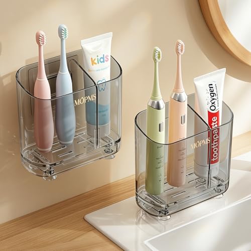 MOPMS Toothbrush Holders with Drainage for Bathrooms Countertop Organizer | 2 Slots Electric Toothbrush Holder Wall-Mount with Divider for Easy Clean, Tooth Brush and Toothpaste Holder for Bathroom - color: Grey, size: 2-pcs