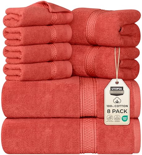 Utopia Towels 8 Piece Luxury Towel Set – Majestic Plush, Super Absorbent & Quicker-to-Dry, Thick 100% Ring Spun Cotton Towels for Bathroom, Spa & Hotel – 2 Bath, 2 Hand, 4 Washcloths, Coral - color: Coral, size: 8 Pieces Towel Set