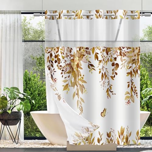 No Hook Shower Curtain and Liner Set, Yellow Eucalyptus 71x74 | Floral Design, with Snap in Liner, Waterproof, Machine Washable, Quick-Drying, for Hotel Bathroom - color: Yellow, size: 71"W x 74"L (Pack of 1)