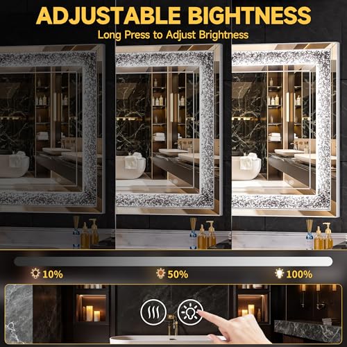 WINNICE 47" x 26" LED Diamond Wall Mirror, Dim & Anti-Fog | Crystal glass, dimmable & anti-fog, mounts vertical/horizontal, ideal for bathroom, bedroom, living room - size: 47"L x 26"W
