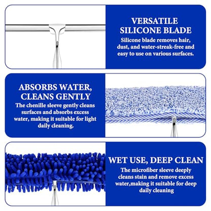 2-in-1 Window Shower Squeegee with Extension Pole for Glass Doors | Professional Window Cleaner Tool, 14" Wide Washing Equipment for High Outside Glass, Solar Panels, Shower, Car Windshield