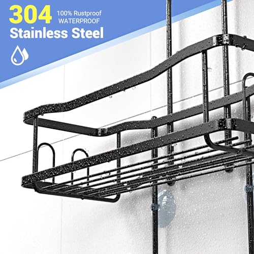 Hanging Shower Caddy Over Shower Head - No Drill Rustproof Shower Rack | Includes Soap Holder and Hooks for Shampoo, Conditioner, and Bathroom Essentials with Stable Storage in Any Shower Space - color: Black