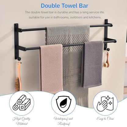 Matte Black Double Towel Rack with Hooks for Bathroom, 30 Inch Stainless Steel Long Towel Bar - Wall Mounted Towel Rails Holder - color: Matte Black, size: 30-Inch
