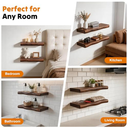 Solid Wood Live Edge Floating Shelves Set of 2 – 12" Rustic Wall Shelf with Hidden Bracket System, Wall Mounted Shelves for Bathroom, Kitchen, Living Room, Bedroom (Walnut) - color: Walnut, size: 12inch