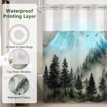 Misty Forest Shower Curtains for Bathroom, No Hook Shower Curtain with Snap in Liner and Sheer Top Window, 71x74 Inches Farmhouse Double Layer Waterproof Bathroom Shower Curtain Sets with Weighted Hem - color: Mountain Forest