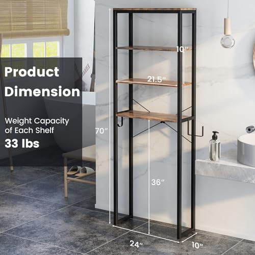 Giantex Over The Toilet Storage Shelf, 4-Tier Freestanding Space Saver Above Toilet Shelves w/Paper Holder, Side Hook & Adjustable Foot Pads, Over Toilet Bathroom Organizer for Restroom, Laundry