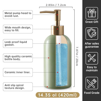 Refillable Soap Dispenser for Kitchen Sink,Small Gold Ceramic Lotion Pump Bottle for Bathroom Countertop Sink, Round Hand Soap Dispenser Bottle with Golden Stripe for Laundry Shower Liquid (Green) - color: Green
