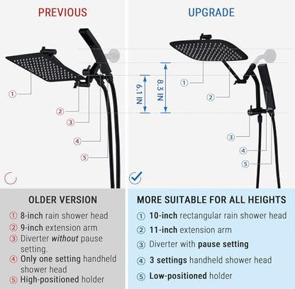 G-Promise 10 Inch All Metal Rain Shower Head with Handheld (Matte Black) | Suits Every Height, Pause Mode Diverter, Massage Mode Handheld, Full Body Coverage, Easy to Install, Modern Bath Upgrade - color: Matte Black, size: 10 Inch