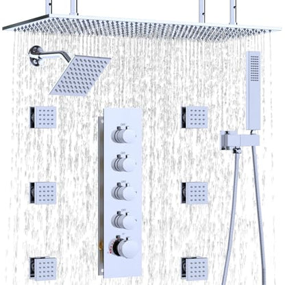 HOMEDEC Dual Shower Heads Shower System with Rain Shower and Handheld, 6pcs Body Jets with 15.7x31.5" Rainfall and 6" Shower Heads, Chrome - color: Chrome, style: 4-Way + 1x 6" Top