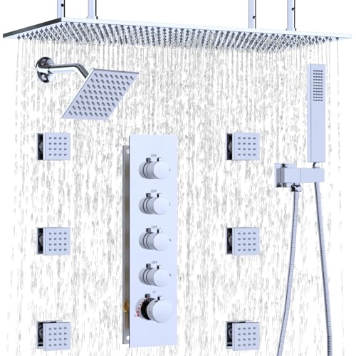 HOMEDEC Dual Shower Heads Shower System with Rain Shower and Handheld, 6pcs Body Jets with 15.7x31.5" Rainfall and 6" Shower Heads, Chrome - color: Chrome, style: 4-Way + 1x 6" Top