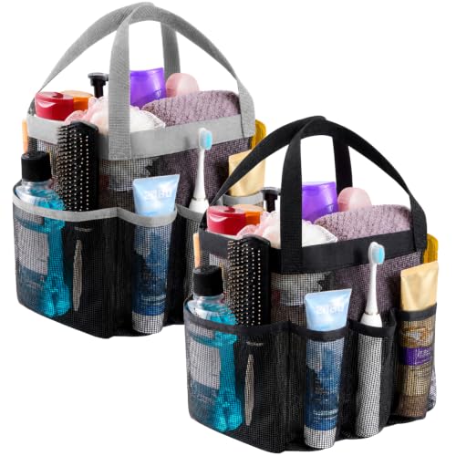 Lifewit Mesh Shower Caddy 2 Packs, Freestanding Portable Shower Tote Bag for Dorm, Bathroom, Gym, Travel, Quick Dry Hanging Organizer with 7 Storage Pockets for Toiletry Essentials, Black&Grey - color: Black + Grey