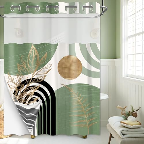 Sage Green Hookless Shower Curtain with Snap in Liner, Boho Mid Century Black and Light Green No Hook Double Layer Shower Curtains and Liner Set, Waterproof Cloth Fabric, 71" W X 74" L - color: Green, size: 71"W x 74"L (Pack of 1)